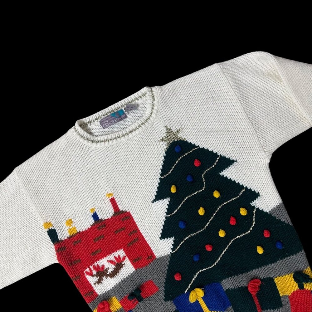 Vintage Ugly Christmas Sweater Knit 1980s Korea Tree Fireplace Kitschy Small